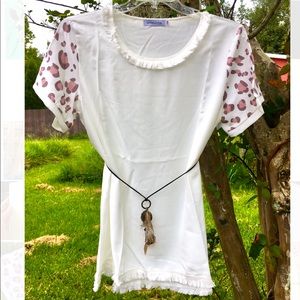 Plus Size Fringe Short Sleeve Leopard Tunic Blouse, XXL